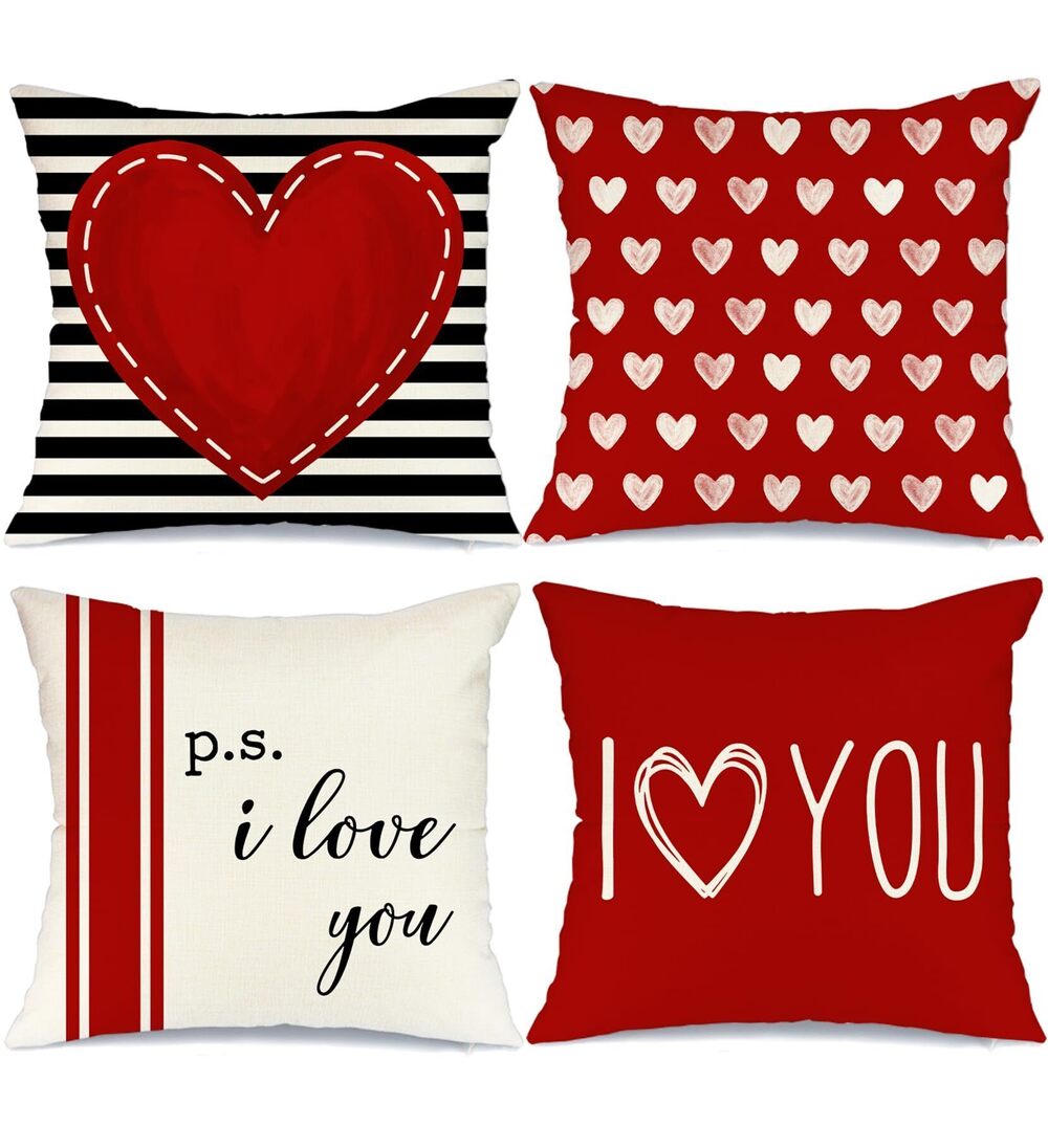 9384 Valentine's Day Pillow Covers 20 x 20 Inch Set of 4 - Red Black